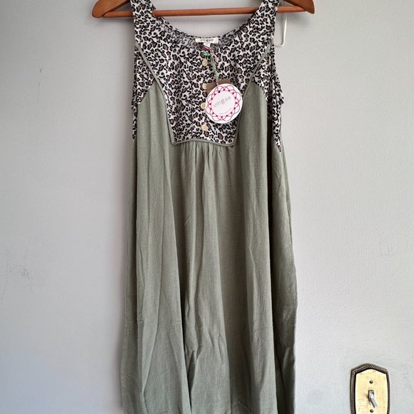 Umgee NWT Sage Leopard Front Pocket Linen-Blend Sleeveless Dress MEDIUM - Picture 2 of 6